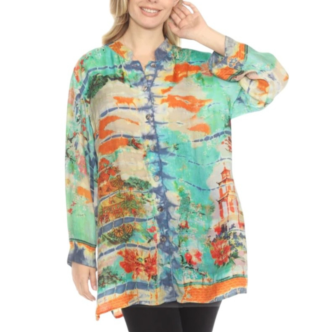 CITRON SANTA MONICA Size Large Orange Turquoise Button-Up Long Sleeve Tunic Top